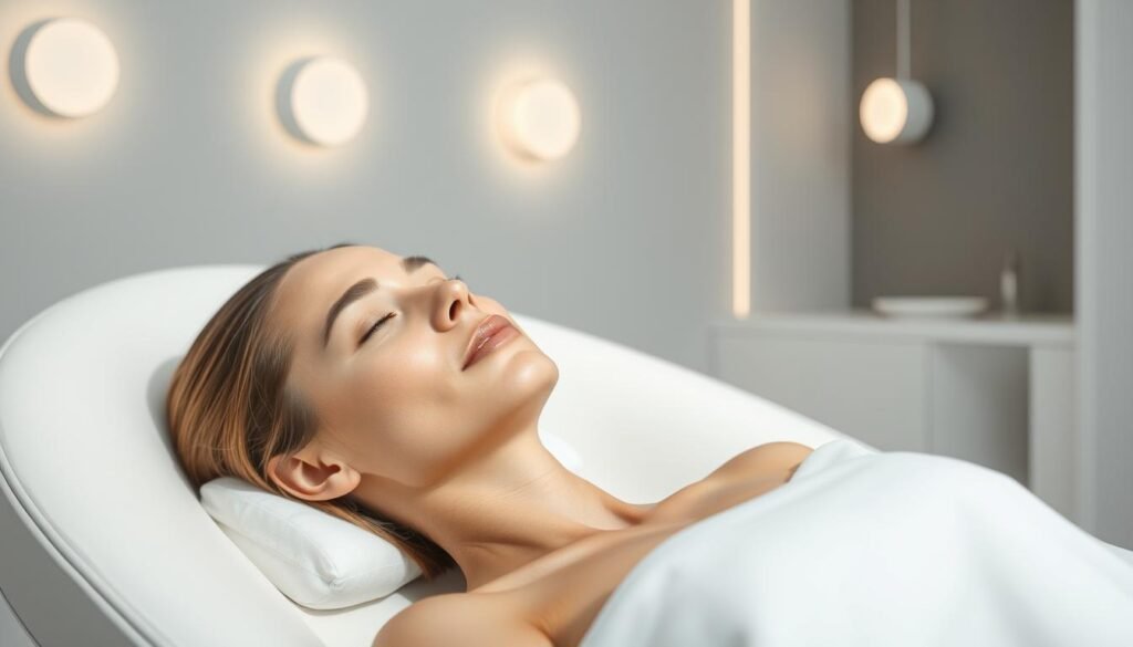 A serene, minimalist scene showcasing the Oligio X 原美電波�less beauty treatment by Glowin Beaute. The model reclines in a comfortable chair, bathed in soft, diffused lighting that creates a calming ambiance. Their face is free of any visible skin irritation or discomfort, conveying the painless, rejuvenating experience. The background features clean, white surfaces and muted gray accents, emphasizing the clinical yet elegant nature of the Oligio X technology. Elegant curves and lines in the chair and lighting fixtures complement the model's relaxed pose, resulting in an image that is both visually appealing and reflective of the treatment's gentle, restorative nature. A serene, minimalist scene showcasing the Oligio X 原美電波�less beauty treatment by Glowin Beaute. The model reclines in a comfortable chair, bathed in soft, diffused lighting that creates a calming ambiance. Their face is free of any visible skin irritation or discomfort, conveying the painless, rejuvenating experience. The background features clean, white surfaces and muted gray accents, emphasizing the clinical yet elegant nature of the Oligio X technology. Elegant curves and lines in the chair and lighting fixtures complement the model's relaxed pose, resulting in an image that is both visually appealing and reflective of the treatment's gentle, restorative nature.