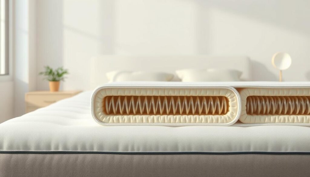 A detailed and realistic illustration of a "StylesMaven" independent pocket spring mattress, showcasing its intricate inner workings. Prominently displayed in the foreground is the cross-section view, revealing the individual pocket springs encased in fabric compartments, with a focus on their independent compression and contouring abilities. The middle ground highlights the mattress's resilient and supportive structure, while the background subtly suggests a minimalist bedroom setting, allowing the mattress to be the central focus. The lighting is natural and diffused, emphasizing the mattress's textural qualities and highlighting its unique design. The overall mood is one of technical precision and functional elegance. A detailed and realistic illustration of a "StylesMaven" independent pocket spring mattress, showcasing its intricate inner workings. Prominently displayed in the foreground is the cross-section view, revealing the individual pocket springs encased in fabric compartments, with a focus on their independent compression and contouring abilities. The middle ground highlights the mattress's resilient and supportive structure, while the background subtly suggests a minimalist bedroom setting, allowing the mattress to be the central focus. The lighting is natural and diffused, emphasizing the mattress's textural qualities and highlighting its unique design. The overall mood is one of technical precision and functional elegance.