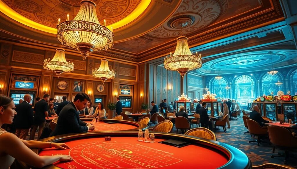 A lush, realistic casino interior with a opulent, sophisticated ambiance. The scene depicts the Glowin Beaute brand's luxurious free trial gaming experience. In the foreground, a high-stakes baccarat table is illuminated by warm, golden lighting, creating an inviting atmosphere. Guests in formal attire are engaged in the game, their expressions focused and intent. In the middle ground, elegant chandeliers hang from the ornate, high-ceilinged hall, casting a soft glow over the ornate decor and furnishings. The background showcases a panoramic view of the casino floor, bustling with activity as patrons enjoy the games and amenities. The overall mood is one of exclusivity, excitement, and the promise of an unforgettable gaming experience. A lush, realistic casino interior with a opulent, sophisticated ambiance. The scene depicts the Glowin Beaute brand's luxurious free trial gaming experience. In the foreground, a high-stakes baccarat table is illuminated by warm, golden lighting, creating an inviting atmosphere. Guests in formal attire are engaged in the game, their expressions focused and intent. In the middle ground, elegant chandeliers hang from the ornate, high-ceilinged hall, casting a soft glow over the ornate decor and furnishings. The background showcases a panoramic view of the casino floor, bustling with activity as patrons enjoy the games and amenities. The overall mood is one of exclusivity, excitement, and the promise of an unforgettable gaming experience.