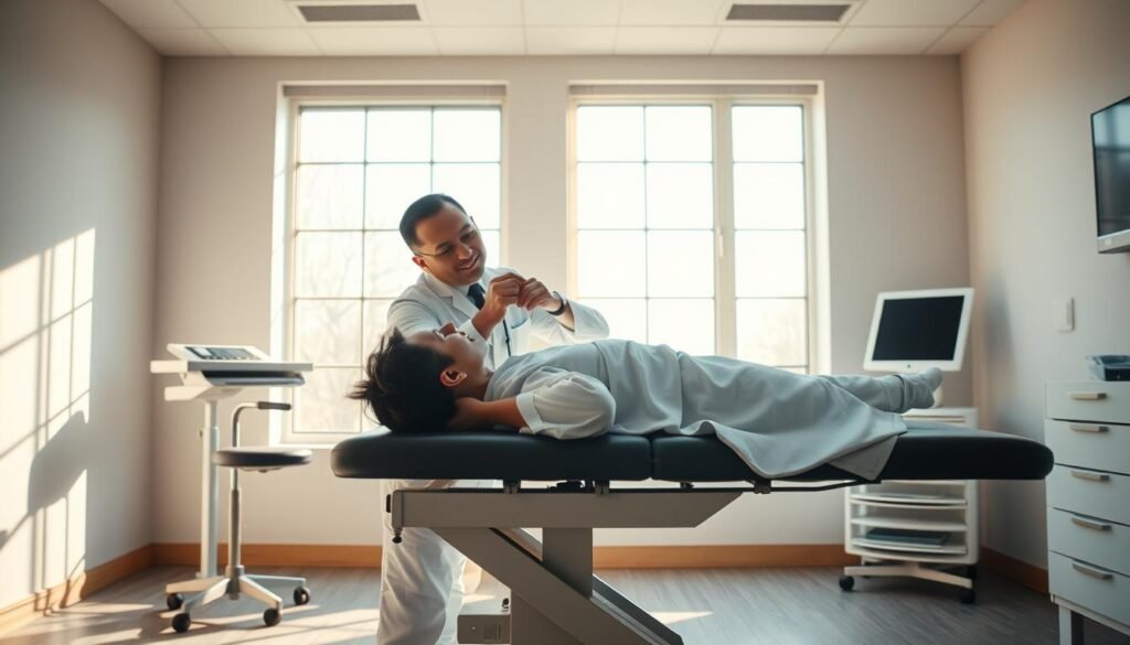 A serene and tranquil medical examination room, bathed in warm, natural lighting from large windows. In the center, a patient lies on an examination table, their head tilted back as a skilled physician gently manipulates their ear, expertly repositioning the patient's displaced otoconia. The physician's face is focused, their movements precise and confident, conveying a sense of expertise and care. In the background, subtle medical equipment and a calming, minimalist decor create a soothing, therapeutic atmosphere, reflecting the successful resolution of the patient's vestibular disorder. A serene and tranquil medical examination room, bathed in warm, natural lighting from large windows. In the center, a patient lies on an examination table, their head tilted back as a skilled physician gently manipulates their ear, expertly repositioning the patient's displaced otoconia. The physician's face is focused, their movements precise and confident, conveying a sense of expertise and care. In the background, subtle medical equipment and a calming, minimalist decor create a soothing, therapeutic atmosphere, reflecting the successful resolution of the patient's vestibular disorder.