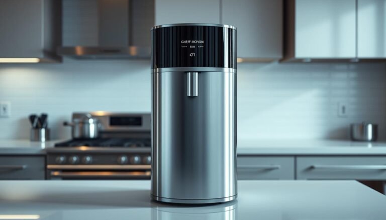 A sleek and modern kitchen water purifier, prominently displayed on a pristine kitchen counter. The purifier's metallic exterior gleams under soft, even lighting, casting gentle reflections on the surrounding surfaces. In the background, a minimalist tiled backsplash and stainless steel appliances create a professional, high-end ambiance. The scene conveys a sense of refinement and attention to detail, perfectly suited for a discerning chef's kitchen. The water purifier stands as a centerpiece, highlighting its importance in delivering clean, high-quality water for culinary excellence.