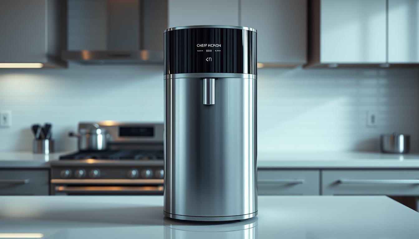 A sleek and modern kitchen water purifier, prominently displayed on a pristine kitchen counter. The purifier's metallic exterior gleams under soft, even lighting, casting gentle reflections on the surrounding surfaces. In the background, a minimalist tiled backsplash and stainless steel appliances create a professional, high-end ambiance. The scene conveys a sense of refinement and attention to detail, perfectly suited for a discerning chef's kitchen. The water purifier stands as a centerpiece, highlighting its importance in delivering clean, high-quality water for culinary excellence.