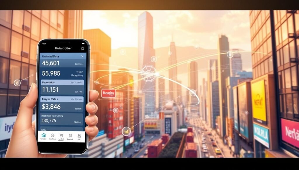 A sleek, modern illustration of the "Telecombrother" brand's "Unlimited Data" roaming promotion. In the foreground, a stylized smartphone display showcases various data usage statistics and roaming options. The middle ground features a dynamic network visualization, with data streams and signal bars flowing seamlessly across borders. In the background, a vibrant cityscape of Hong Kong's iconic skyscrapers and bustling streets sets the scene, bathed in warm, golden lighting that conveys a sense of convenience and connectivity. The overall composition emphasizes the seamless, limitless nature of the "Unlimited Data" offering, inviting the viewer to experience the freedom of uninterrupted mobile connectivity. A sleek, modern illustration of the "Telecombrother" brand's "Unlimited Data" roaming promotion. In the foreground, a stylized smartphone display showcases various data usage statistics and roaming options. The middle ground features a dynamic network visualization, with data streams and signal bars flowing seamlessly across borders. In the background, a vibrant cityscape of Hong Kong's iconic skyscrapers and bustling streets sets the scene, bathed in warm, golden lighting that conveys a sense of convenience and connectivity. The overall composition emphasizes the seamless, limitless nature of the "Unlimited Data" offering, inviting the viewer to experience the freedom of uninterrupted mobile connectivity.