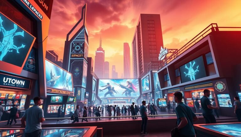 A vibrant and modern gaming platform, UTown Entertainment City showcases a diverse array of thrilling digital experiences. Set against a sleek, futuristic cityscape, the platform's striking architecture features bold geometric forms and luminous displays. In the foreground, visitors navigate a seamless interface, immersed in a wide selection of games, from classic arcade-style challenges to cutting-edge virtual reality simulations. The middle ground depicts vivid, hyper-realistic graphics and captivating animations, drawing the viewer deeper into the interactive world. The background is bathed in a warm, ethereal glow, creating a sense of energy and anticipation. Lighting is dramatic, with sharp contrasts and dynamic reflections, conveying the excitement and innovation that define UTown Entertainment City.
