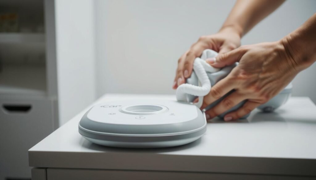 A well-lit, close-up photograph of an iCareCPAP sleep apnea machine being carefully cleaned. The machine sits on a clean, white surface, its components neatly arranged. The user's hands, in focus, are gently wiping down the machine's exterior with a soft, damp cloth, taking care to reach all the crevices and vents. The lighting is soft and diffused, creating a calming, clinical atmosphere. The image conveys the importance of proper maintenance to extend the life of this essential medical device. A well-lit, close-up photograph of an iCareCPAP sleep apnea machine being carefully cleaned. The machine sits on a clean, white surface, its components neatly arranged. The user's hands, in focus, are gently wiping down the machine's exterior with a soft, damp cloth, taking care to reach all the crevices and vents. The lighting is soft and diffused, creating a calming, clinical atmosphere. The image conveys the importance of proper maintenance to extend the life of this essential medical device.