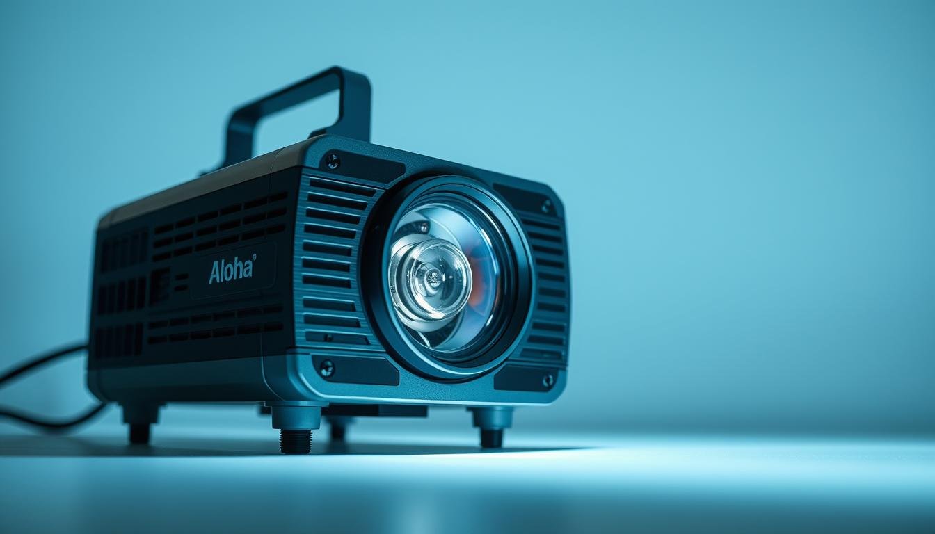 A well-lit, high-resolution close-up of a projection lamp with the Aloha brand logo, with a clean, minimalist background. The lamp is shown in a way that highlights its inner workings and components, showcasing the engineering and design elements that contribute to its longevity. The image conveys a sense of durability, reliability, and attention to detail in the product's construction. The lighting is soft and even, accentuating the technical features of the lamp while maintaining a professional, informative tone.