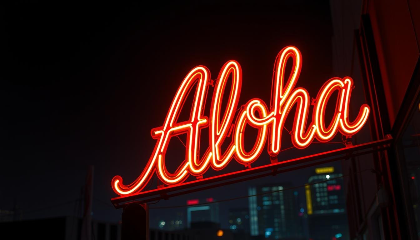 An intricately structured neon sign, the "Aloha" letters shimmering with a warm glow against the urban night sky. The neon tubes bend and twist, casting a mesmerizing pattern of intersecting lines and vibrant hues. In the foreground, the neon's inner workings are visible, revealing the delicate glass components and intricate wiring that bring the sign to life. The middle ground features the sign's sturdy metal frame, providing a sense of durability and reliability. In the background, the cityscape fades into a hazy, atmospheric setting, emphasizing the sign's prominent placement. The lighting is dramatic, creating sharp shadows and highlighting the neon's radiant, almost holographic effect. An exquisite balance of form and function, this neon sign exemplifies the timeless allure and technical complexity of these iconic illuminated structures.