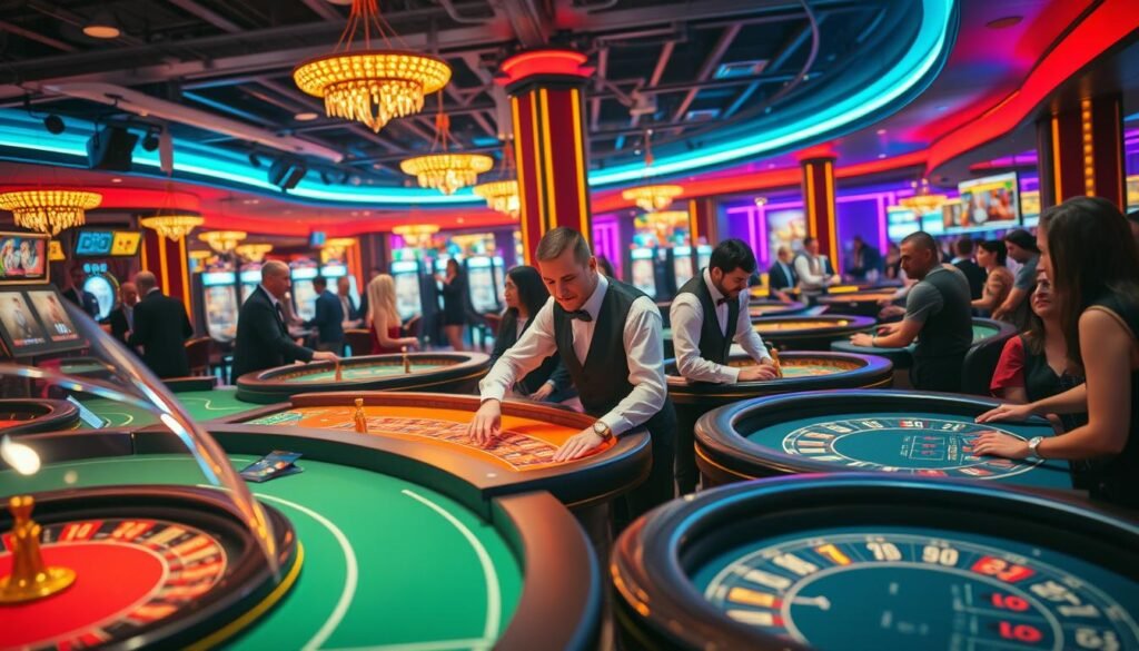 Generate an image of a live casino with various games and professional dealers. Generate an image of a live casino with various games and professional dealers.