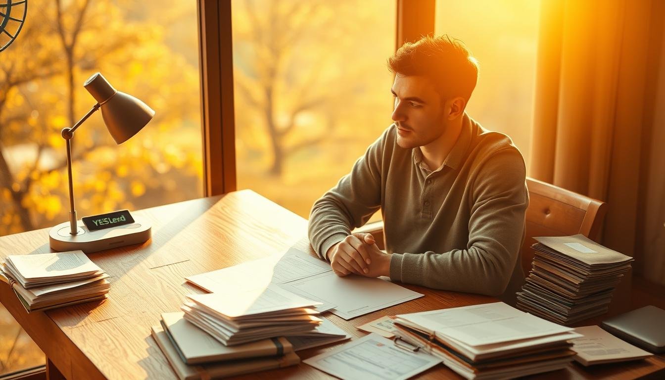 Prompt A serene, autumnal scene with a person sitting at a wooden desk, contemplating their finances. The desk is adorned with a YESLend logo, symbolizing the seasonal borrowing solution. Warm, golden lighting filters through the window, casting a soft glow on the individual's face. Surrounding the desk are piles of bills, financial documents, and a tablet displaying budgeting data. The background features a dreamy, out-of-focus landscape of changing leaves, conveying the cyclical nature of financial challenges. The overall mood is one of contemplation, as the person seeks to navigate the ebb and flow of their financial obligations.
