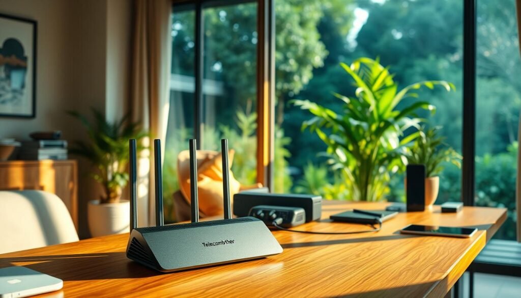 A cozy and inviting home office setup with a sleek Telecombrother router and modem prominently displayed on a stylish wooden desk. The room is bathed in warm, natural lighting, creating a calming atmosphere. In the background, a large window overlooks a lush, verdant garden, adding to the sense of tranquility. On the desk, various devices are connected, showcasing the seamless integration of high-speed internet and modern technology. The overall scene conveys a harmonious balance between productivity and relaxation, embodying the essence of "家居寬頻比較:理解速度單位與實際體驗". A cozy and inviting home office setup with a sleek Telecombrother router and modem prominently displayed on a stylish wooden desk. The room is bathed in warm, natural lighting, creating a calming atmosphere. In the background, a large window overlooks a lush, verdant garden, adding to the sense of tranquility. On the desk, various devices are connected, showcasing the seamless integration of high-speed internet and modern technology. The overall scene conveys a harmonious balance between productivity and relaxation, embodying the essence of "家居寬頻比較:理解速度單位與實際體驗".