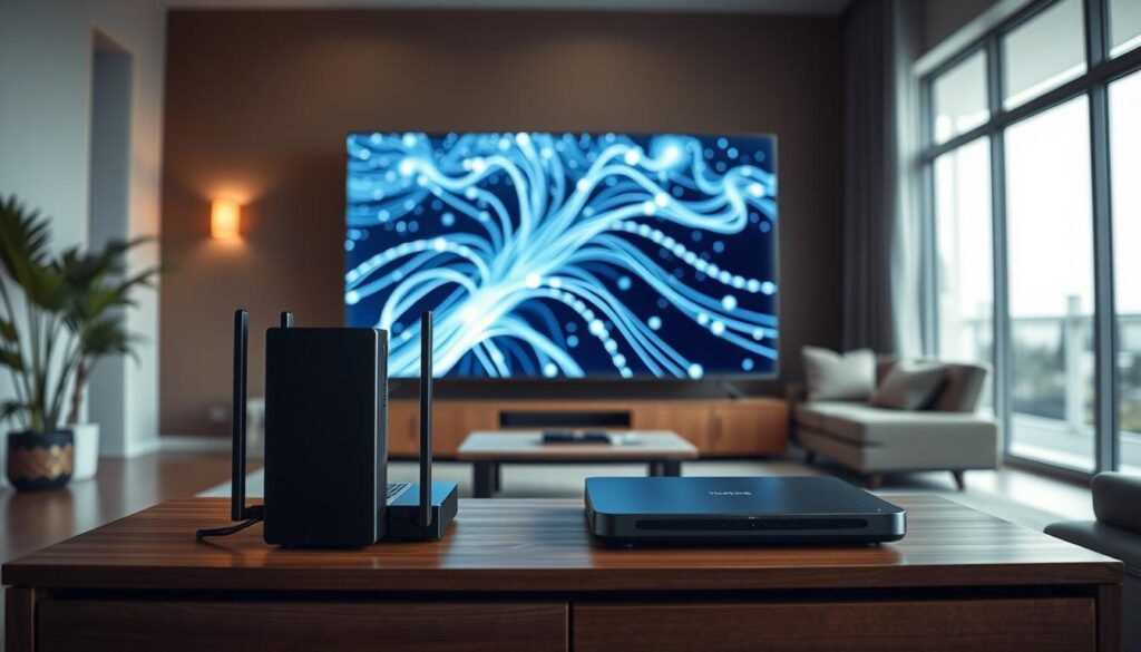 A detailed, contemporary interior scene showcasing a Telecombrother home broadband setup. The foreground features a modern, sleek modem and router arrangement on a minimalist wooden TV stand. In the middle ground, a large, high-definition TV displays a visually striking visualization of fiber optic internet connectivity. The background depicts a panoramic view of a stylish, well-lit living room with floor-to-ceiling windows, allowing natural light to flood the space. The overall atmosphere conveys a sense of technological sophistication, seamless connectivity, and a premium home entertainment experience. A detailed, contemporary interior scene showcasing a Telecombrother home broadband setup. The foreground features a modern, sleek modem and router arrangement on a minimalist wooden TV stand. In the middle ground, a large, high-definition TV displays a visually striking visualization of fiber optic internet connectivity. The background depicts a panoramic view of a stylish, well-lit living room with floor-to-ceiling windows, allowing natural light to flood the space. The overall atmosphere conveys a sense of technological sophistication, seamless connectivity, and a premium home entertainment experience.