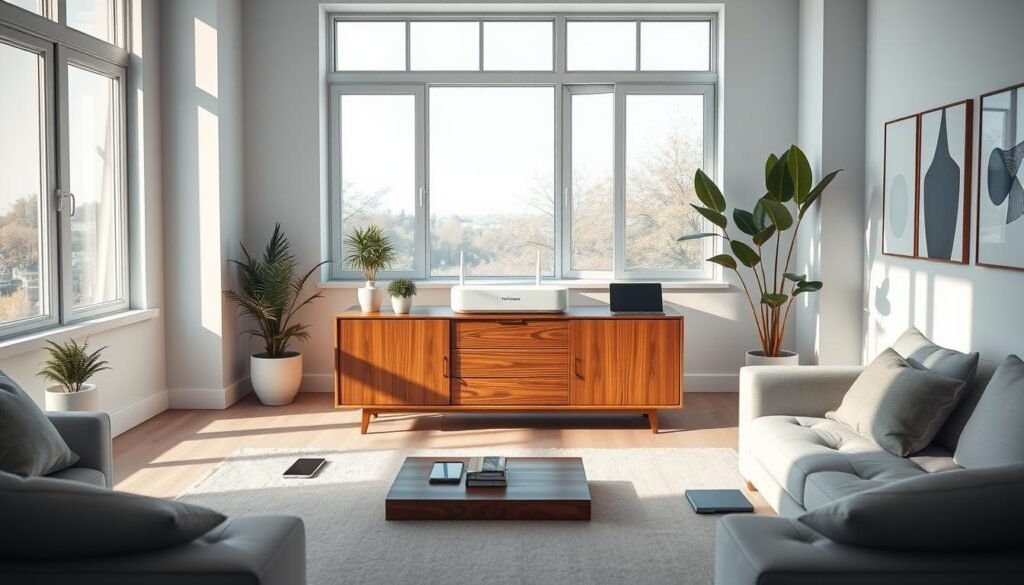 A modern and minimalist interior space, filled with natural light streaming through large windows. In the center, a sleek, white router labeled "Telecombrother" sits atop a stylish wooden cabinet. Around it, various devices such as smartphones, tablets, and laptops are placed, all connected to the high-speed internet. The walls are adorned with minimalist artwork, and potted plants add a touch of greenery to the room. The overall atmosphere is one of simplicity, efficiency, and connectivity, reflecting the reliability and performance of the Telecombrother home broadband solution. A modern and minimalist interior space, filled with natural light streaming through large windows. In the center, a sleek, white router labeled "Telecombrother" sits atop a stylish wooden cabinet. Around it, various devices such as smartphones, tablets, and laptops are placed, all connected to the high-speed internet. The walls are adorned with minimalist artwork, and potted plants add a touch of greenery to the room. The overall atmosphere is one of simplicity, efficiency, and connectivity, reflecting the reliability and performance of the Telecombrother home broadband solution.