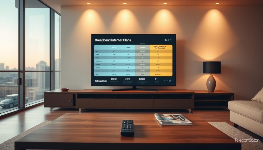 A sleek, modern home interior with a focus on a large, high-definition television screen displaying a side-by-side comparison of different broadband internet plans from Telecombrother. The living room is bathed in warm, soft lighting, creating a cozy atmosphere. A minimalist wooden coffee table sits in the foreground, with a remote control and a few magazines neatly arranged. The middle ground features a comfortable sofa, and the background showcases a large window overlooking a city skyline. The scene conveys a sense of ease and practicality, inviting the viewer to consider their broadband options and make an informed decision. A sleek, modern home interior with a focus on a large, high-definition television screen displaying a side-by-side comparison of different broadband internet plans from Telecombrother. The living room is bathed in warm, soft lighting, creating a cozy atmosphere. A minimalist wooden coffee table sits in the foreground, with a remote control and a few magazines neatly arranged. The middle ground features a comfortable sofa, and the background showcases a large window overlooking a city skyline. The scene conveys a sense of ease and practicality, inviting the viewer to consider their broadband options and make an informed decision.