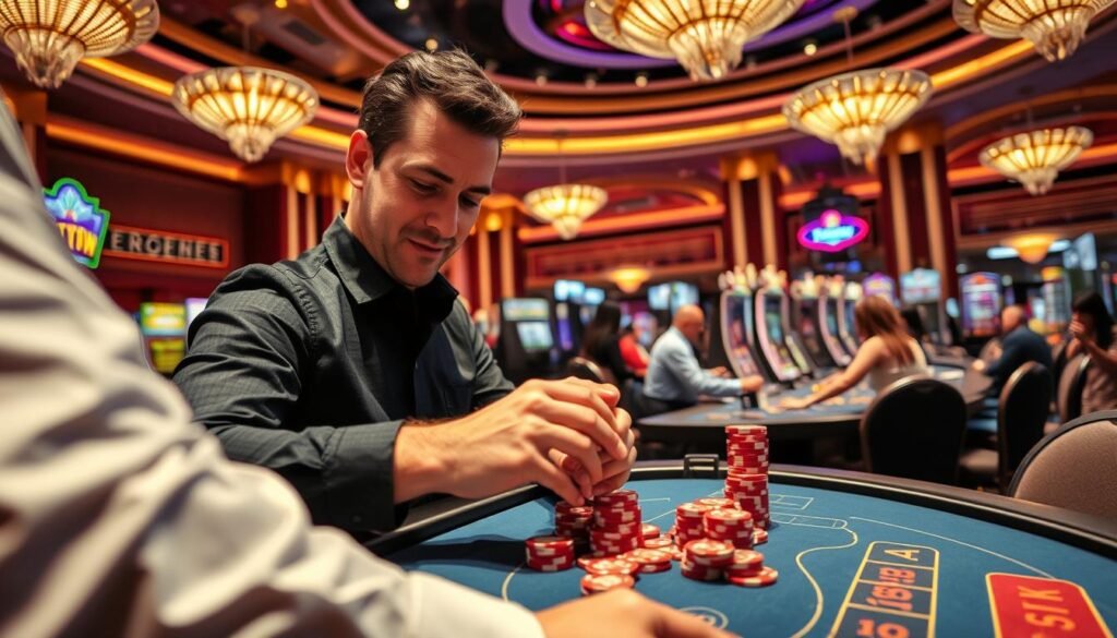 A vibrant casino scene set in the UTown gaming resort. In the foreground, a player expertly manipulates a stack of casino chips, meticulously counting and organizing them. The middle ground features a sleek, modern gaming table with a variety of casino games in progress, each player engrossed in their strategy. In the background, the grand, opulent architecture of the UTown casino creates an atmosphere of wealth and luxury, with subdued lighting casting a warm glow over the entire scene. The player's focused expression and the dynamic energy of the gaming floor convey the excitement and sense of accomplishment associated with rapidly accumulating the required wagering volume to attain VIP status. A vibrant casino scene set in the UTown gaming resort. In the foreground, a player expertly manipulates a stack of casino chips, meticulously counting and organizing them. The middle ground features a sleek, modern gaming table with a variety of casino games in progress, each player engrossed in their strategy. In the background, the grand, opulent architecture of the UTown casino creates an atmosphere of wealth and luxury, with subdued lighting casting a warm glow over the entire scene. The player's focused expression and the dynamic energy of the gaming floor convey the excitement and sense of accomplishment associated with rapidly accumulating the required wagering volume to attain VIP status.