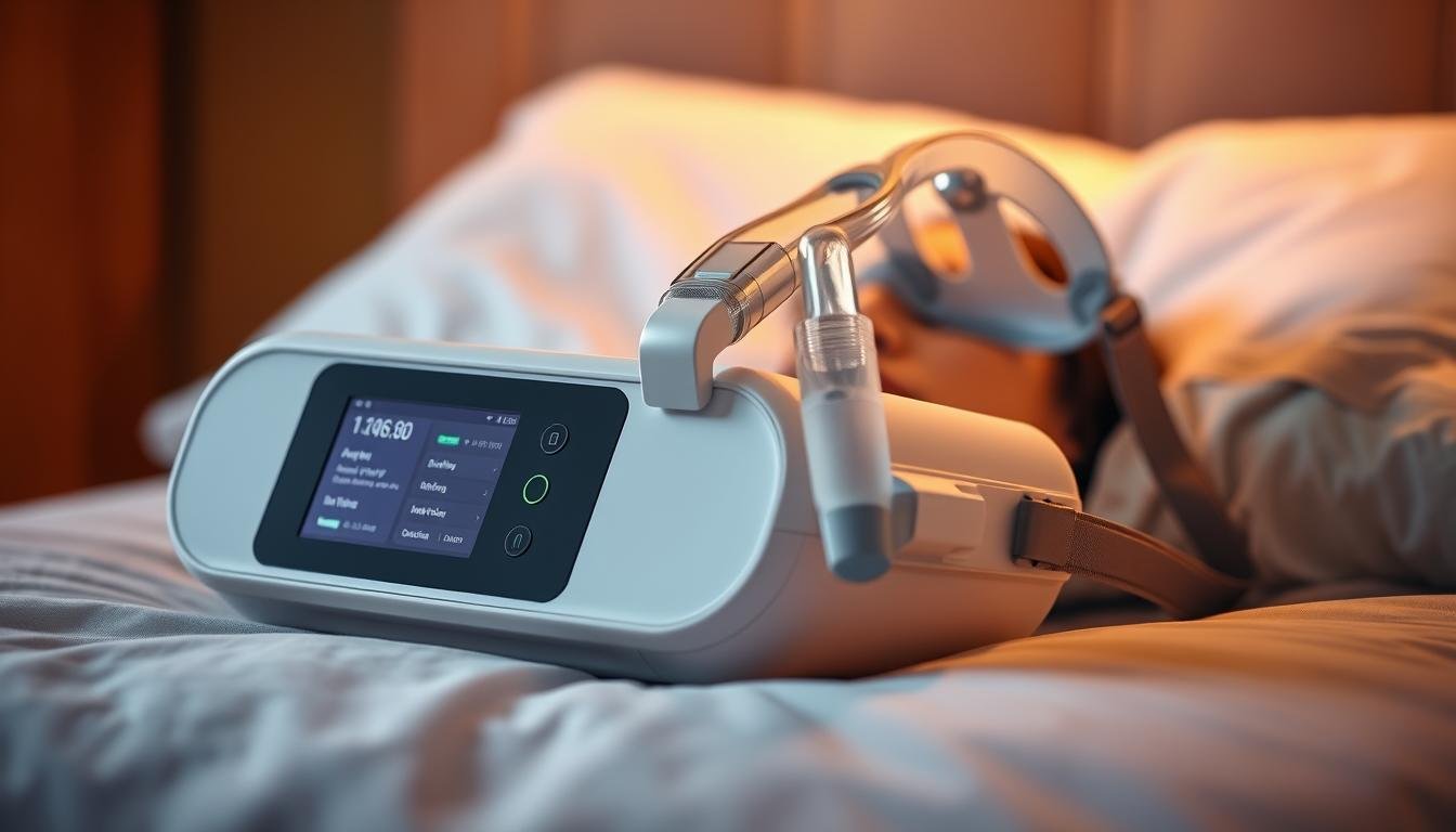 A well-designed and ergonomic iCareCPAP sleep apnea machine resting on a soft, cushioned surface. The machine has a sleek, minimalist form factor with clean lines and a matte finish. The front panel features intuitive controls and a digital display showcasing real-time breathing data. The mask attachment is contoured to fit snugly against the user's face, ensuring a comfortable and secure fit. Soft, adjustable straps provide customizable support. Warm, diffused lighting illuminates the scene, creating a calming, therapeutic atmosphere. The entire setup is captured from a slightly elevated angle, emphasizing the thoughtful, user-centric design.