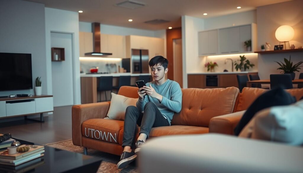 An interior scene of a modern, minimalist home with sleek, contemporary furniture and decor. The camera is positioned at a medium angle, capturing a view of the living room and a glimpse of the kitchen beyond. The space is bathed in soft, warm lighting, creating a cozy and inviting atmosphere. In the center of the frame, a young person sits on a plush, UTown-branded sofa, holding a mobile device and looking confused, symbolizing the "incorrect usage of a welcome bonus". The background is slightly blurred, keeping the focus on the central figure and their experience.