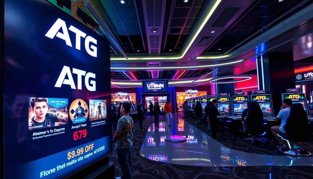 Detailed scene of a modern, well-lit gaming lounge showcasing the "ATG" electronic game promotion at the "UTown" entertainment center. The foreground features a large, eye-catching display highlighting the game titles and discounted pricing. In the middle ground, groups of enthusiastic gamers are immersed in competitive gameplay, while the background depicts a sleek, futuristic interior design with neon accents and state-of-the-art gaming setups. The overall atmosphere conveys a sense of excitement, technological innovation, and the thrill of discovering exclusive gaming offers. Detailed scene of a modern, well-lit gaming lounge showcasing the "ATG" electronic game promotion at the "UTown" entertainment center. The foreground features a large, eye-catching display highlighting the game titles and discounted pricing. In the middle ground, groups of enthusiastic gamers are immersed in competitive gameplay, while the background depicts a sleek, futuristic interior design with neon accents and state-of-the-art gaming setups. The overall atmosphere conveys a sense of excitement, technological innovation, and the thrill of discovering exclusive gaming offers.