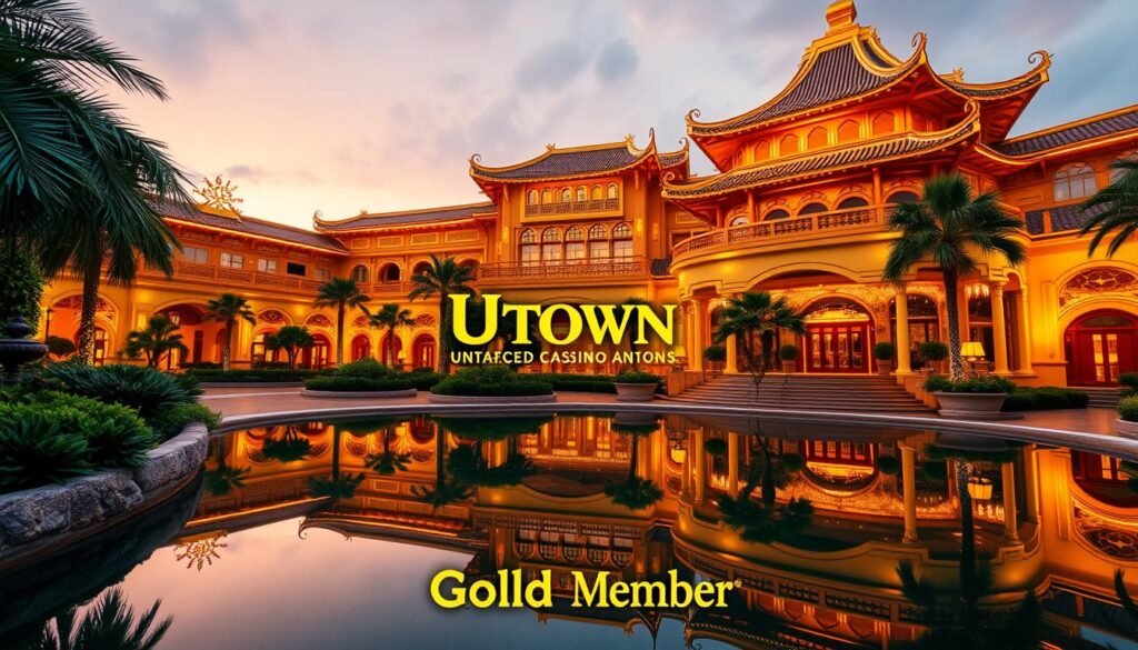 Elegant golden pagoda-style casino resort with lush greenery, reflecting pool, and ornate architectural details. Warm lighting illuminates the facade, creating a luxurious and inviting atmosphere. UTown's logo prominently displayed at the entrance. The image should convey a sense of grandeur, exclusivity, and the high-end VIP experience associated with the "Gold Member" tier. Elegant golden pagoda-style casino resort with lush greenery, reflecting pool, and ornate architectural details. Warm lighting illuminates the facade, creating a luxurious and inviting atmosphere. UTown's logo prominently displayed at the entrance. The image should convey a sense of grandeur, exclusivity, and the high-end VIP experience associated with the "Gold Member" tier.