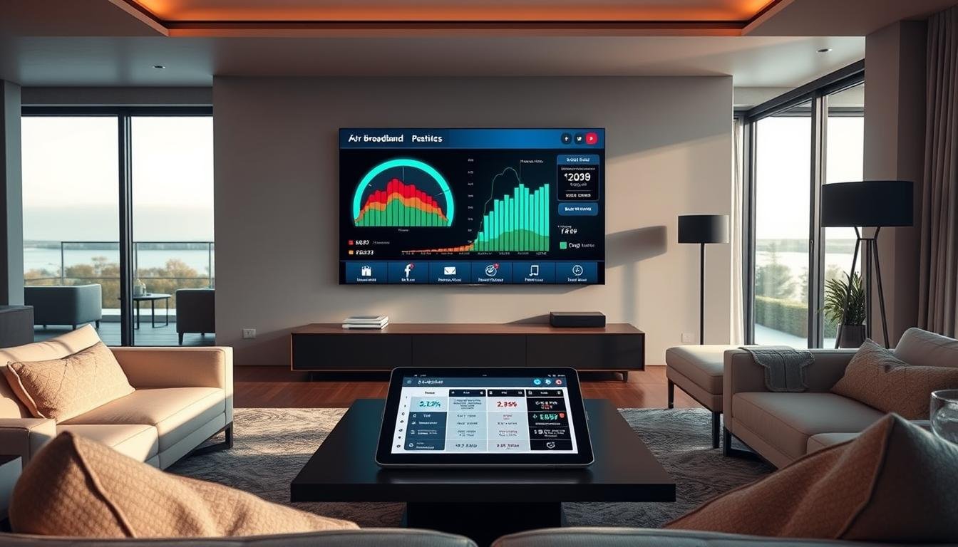 Telecombrother's sophisticated home broadband comparison showcases a sleek and modern living room. The scene features a large, high-definition television displaying detailed broadband performance metrics, surrounded by minimalist furniture and elegant lighting. In the foreground, a central coffee table displays an interactive tablet interface, allowing users to easily compare broadband plans and providers. The middle ground is occupied by a cozy seating arrangement, where individuals can research and evaluate their broadband options. The background reveals a panoramic window, bathing the room in natural light and a serene outdoor view, creating a calming and informative atmosphere for the home broadband decision-making process.