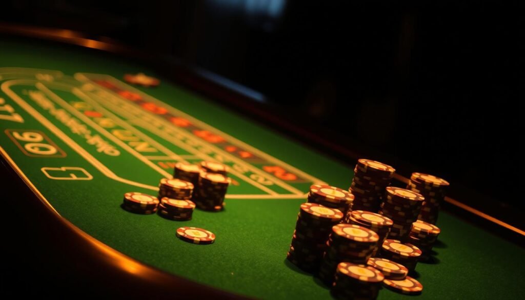A dimly lit casino table, the green felt surface glowing under warm overhead lighting. Stacks of casino chips in various denominations sit neatly arranged, inviting the player to understand the intricate rules of baccarat. The table's curved edge creates a sense of intimacy, drawing the viewer in to explore the game's strategic nuances. The scene conveys a thoughtful, cerebral atmosphere, hinting at the mental focus required to master the optimal baccarat playing techniques. Shadows and highlights accentuate the table's wooden frame and the subtle sheen of the chips, creating depth and dimension. An air of quiet contemplation pervades the composition, encouraging the viewer to ponder the elegant simplicity and hidden complexities of this classic casino game.