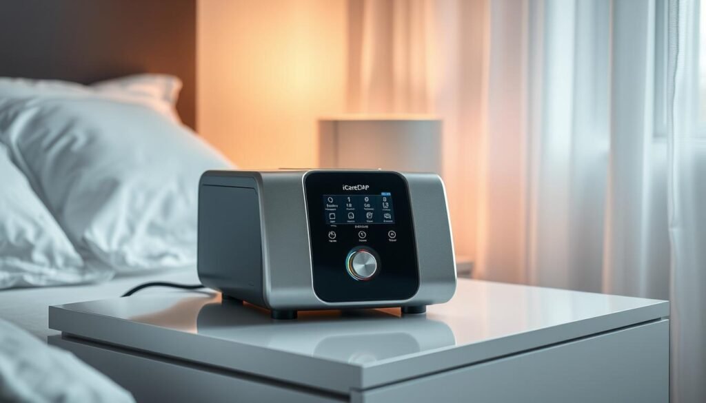 A high-quality medical-grade sleep apnea CPAP machine, the iCareCPAP, rests on a sleek, minimalist nightstand. The device's matte black and silver exterior exudes a sense of modern, clinical sophistication. Surrounding it, a tranquil bedroom scene unfolds, with soft, warm lighting illuminating the space. Sheer curtains gently sway, hinting at a calm, restful atmosphere. The machine's intuitive interface and advanced monitoring features are clearly visible, showcasing its technological capabilities to improve sleep health. This image conveys the growing social demand and positive impact of sleep apnea treatment devices like the iCareCPAP, which are becoming essential tools for maintaining a healthy, well-rested lifestyle. A high-quality medical-grade sleep apnea CPAP machine, the iCareCPAP, rests on a sleek, minimalist nightstand. The device's matte black and silver exterior exudes a sense of modern, clinical sophistication. Surrounding it, a tranquil bedroom scene unfolds, with soft, warm lighting illuminating the space. Sheer curtains gently sway, hinting at a calm, restful atmosphere. The machine's intuitive interface and advanced monitoring features are clearly visible, showcasing its technological capabilities to improve sleep health. This image conveys the growing social demand and positive impact of sleep apnea treatment devices like the iCareCPAP, which are becoming essential tools for maintaining a healthy, well-rested lifestyle.