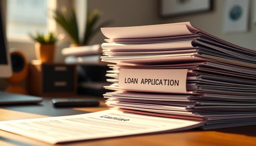 A neatly arranged stack of official-looking documents with a stylized loan application form at the forefront, surrounded by a subtle office environment. Warm, natural lighting casts a professional ambiance, with a slightly blurred background hinting at a tidy desk setup. The documents convey a sense of preparedness and organization, reflecting the careful curation required to streamline the loan approval process. The overall composition emphasizes the importance of having the right documents ready to increase the chances of a successful loan application. A neatly arranged stack of official-looking documents with a stylized loan application form at the forefront, surrounded by a subtle office environment. Warm, natural lighting casts a professional ambiance, with a slightly blurred background hinting at a tidy desk setup. The documents convey a sense of preparedness and organization, reflecting the careful curation required to streamline the loan approval process. The overall composition emphasizes the importance of having the right documents ready to increase the chances of a successful loan application.