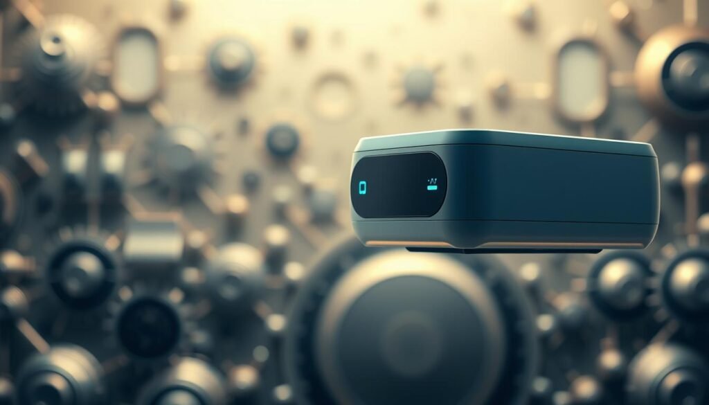 A sleek, modern iCareCPAP smart sleep apnea machine hovers in the foreground, its minimalist design and soft blue indicator lights suggesting advanced medical technology. In the middle ground, various components and sensors are visible, showcasing the machine's technical sophistication. The background features a subtle backdrop of interconnected gears and circuits, hinting at the evolutionary progress of sleep apnea treatment. Soft, warm lighting accentuates the machine's polished surfaces, creating an atmosphere of medical innovation and wellness. The overall composition conveys the cutting-edge nature of the iCareCPAP device and its role in the advancement of sleep health technology. A sleek, modern iCareCPAP smart sleep apnea machine hovers in the foreground, its minimalist design and soft blue indicator lights suggesting advanced medical technology. In the middle ground, various components and sensors are visible, showcasing the machine's technical sophistication. The background features a subtle backdrop of interconnected gears and circuits, hinting at the evolutionary progress of sleep apnea treatment. Soft, warm lighting accentuates the machine's polished surfaces, creating an atmosphere of medical innovation and wellness. The overall composition conveys the cutting-edge nature of the iCareCPAP device and its role in the advancement of sleep health technology.