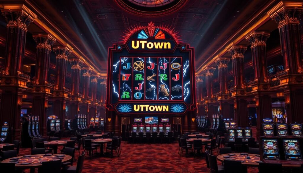 A sprawling casino lobby, the centerpiece being a massive "UTown" branded slot machine. The machine's reels, adorned with lightning bolts and mythical creatures, seem to crackle with electric energy. Dramatic lighting casts long shadows, creating a moody, high-contrast atmosphere. Surrounding the slot machine are gaming tables, plush chairs, and elaborately decorated columns, hinting at the opulence of the casino. The scene evokes a sense of excitement and the thrill of potentially hitting the jackpot. The overall composition is balanced, drawing the viewer's eye to the prominent slot machine. A sprawling casino lobby, the centerpiece being a massive "UTown" branded slot machine. The machine's reels, adorned with lightning bolts and mythical creatures, seem to crackle with electric energy. Dramatic lighting casts long shadows, creating a moody, high-contrast atmosphere. Surrounding the slot machine are gaming tables, plush chairs, and elaborately decorated columns, hinting at the opulence of the casino. The scene evokes a sense of excitement and the thrill of potentially hitting the jackpot. The overall composition is balanced, drawing the viewer's eye to the prominent slot machine.