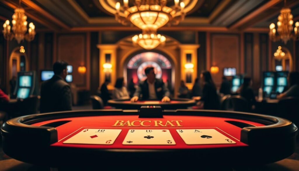 A visually striking and informative illustration of the fundamental rules of baccarat, set against a dimly lit casino backdrop. In the foreground, a neatly arranged display of the basic baccarat gameplay elements - the player, banker, and tie bet options - captured with a shallow depth of field and dramatic chiaroscuro lighting, emphasizing the key mechanics. In the middle ground, a sense of motion and excitement conveyed through the subtle suggestion of casino patrons and dealers, their faces obscured to maintain focus on the core subject. The background subtly hints at the broader casino environment - ornate architectural details, plush furnishings, and a moody, atmospheric lighting scheme that evokes the thrilling ambiance of a high-stakes gambling establishment.