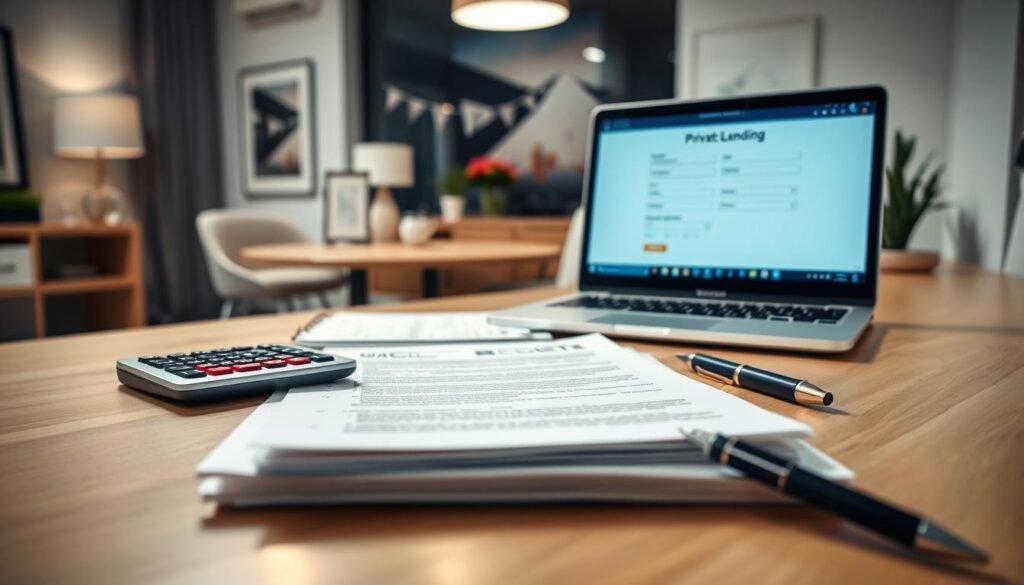A well-lit, wide-angle shot of a modern office desk showcasing the typical paperwork and documents involved in a private lending process. The foreground features a stack of official forms, a calculator, and a pen neatly arranged. In the middle ground, a laptop displays a digital lending application interface. The background depicts a tastefully decorated room with minimalist decor, providing a professional and organized atmosphere. The overall scene conveys a sense of efficiency, attention to detail, and the systematic nature of the private lending workflow. A well-lit, wide-angle shot of a modern office desk showcasing the typical paperwork and documents involved in a private lending process. The foreground features a stack of official forms, a calculator, and a pen neatly arranged. In the middle ground, a laptop displays a digital lending application interface. The background depicts a tastefully decorated room with minimalist decor, providing a professional and organized atmosphere. The overall scene conveys a sense of efficiency, attention to detail, and the systematic nature of the private lending workflow.