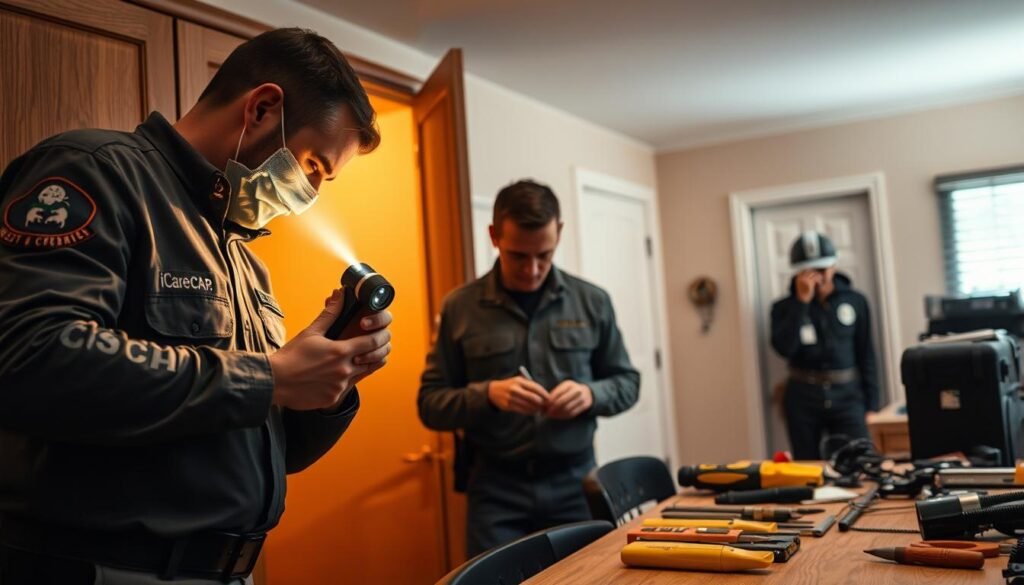 A professional pest control company conducting a thorough inspection of a residential property. In the foreground, an iCareCPAP representative in a crisp uniform examines the interior of a cabinet, using a high-powered flashlight to illuminate the nooks and crannies. The middle ground shows the representative methodically checking for signs of infestation, with various tools and equipment laid out on a table. The background depicts the clean, well-lit interior of the home, conveying a sense of order and professionalism. The lighting is warm and even, creating a reassuring atmosphere. The overall scene communicates the expertise and care taken by the iCareCPAP team in ensuring the home is free from pests. A professional pest control company conducting a thorough inspection of a residential property. In the foreground, an iCareCPAP representative in a crisp uniform examines the interior of a cabinet, using a high-powered flashlight to illuminate the nooks and crannies. The middle ground shows the representative methodically checking for signs of infestation, with various tools and equipment laid out on a table. The background depicts the clean, well-lit interior of the home, conveying a sense of order and professionalism. The lighting is warm and even, creating a reassuring atmosphere. The overall scene communicates the expertise and care taken by the iCareCPAP team in ensuring the home is free from pests.