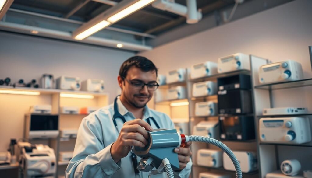 A modern, well-equipped iCareCPAP repair shop with warm lighting and a calm, professional atmosphere. In the foreground, a technician carefully inspects a sleep apnea machine, their skilled hands meticulously checking every component. The middle ground showcases a variety of iCareCPAP models, neatly arranged on shelves, conveying the breadth of services offered. The background features clean, minimalist decor, highlighting the shop's focus on delivering high-quality, reliable repairs for sleep apnea patients. The overall scene communicates the iCareCPAP shop's commitment to personalized care and expert servicing of sleep respiratory equipment. A modern, well-equipped iCareCPAP repair shop with warm lighting and a calm, professional atmosphere. In the foreground, a technician carefully inspects a sleep apnea machine, their skilled hands meticulously checking every component. The middle ground showcases a variety of iCareCPAP models, neatly arranged on shelves, conveying the breadth of services offered. The background features clean, minimalist decor, highlighting the shop's focus on delivering high-quality, reliable repairs for sleep apnea patients. The overall scene communicates the iCareCPAP shop's commitment to personalized care and expert servicing of sleep respiratory equipment.