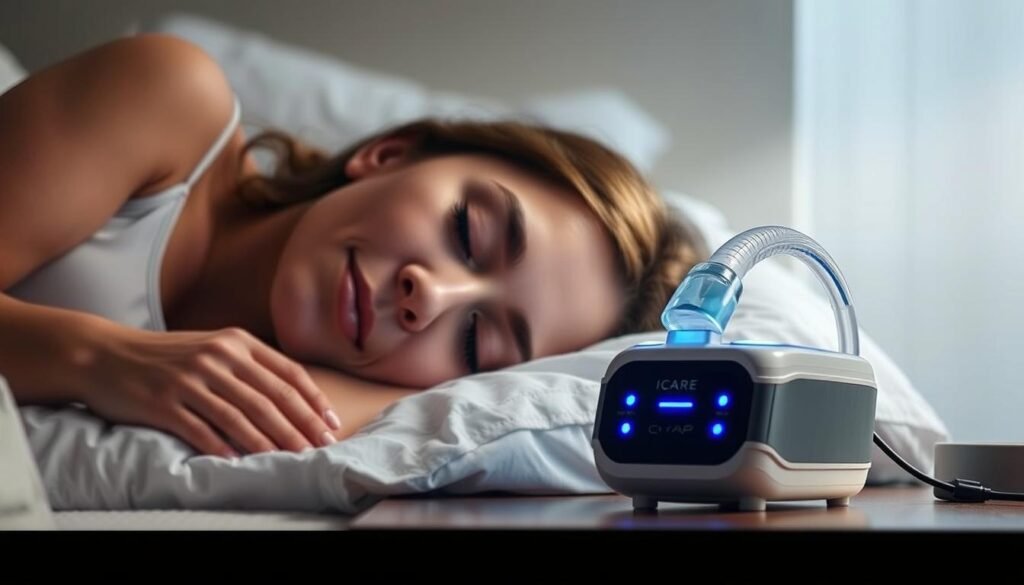 A sleeping patient resting comfortably, their face gently illuminated by the soft glow of an iCareCPAP sleep apnea treatment device. The device, with its sleek modern design, is positioned discretely on a bedside table, its blue indicator lights subtly pulsing. The scene evokes a sense of tranquility and healing, the patient's expression serene as the treatment helps them breathe freely and achieve restful slumber. The background is softly blurred, placing the focus on the patient and the iCareCPAP device, capturing the effectiveness of this sleep apnea therapy.