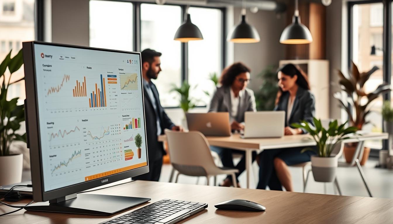 A modern digital marketing workspace showcasing "Mercury Digital Technology's Advertising Solutions." In the foreground, a sleek desktop with a high-resolution monitor displaying an analytical dashboard filled with graphs and metrics, symbolizing data-driven advertising strategies. In the middle ground, a team of diverse professionals, dressed in business attire, collaborating around a table with laptops, discussing campaign strategies and visualizing performance improvements. In the background, a bright and airy office setting with large windows letting in natural light, plants, and modern decor, creating an inspirational and productive atmosphere. The overall mood is creative and forward-thinking, emphasizing innovation in advertising performance management. The scene is captured with a wide-angle lens, with soft, warm lighting to enhance approachability and professionalism.