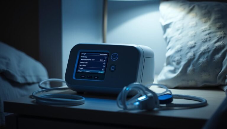 A sleek, minimalist iCPAP machine prominently displayed on a bedside table. The machine's display shows various parameter settings, with a soothing blue backlight illuminating the scene. The device is surrounded by a few essential accessories, such as a nasal mask and tubing, all neatly arranged. The lighting is soft and indirect, creating a calming, sleep-inducing atmosphere. The image conveys a sense of simplicity and ease of use, reflecting the "how to properly use a sleep apnea machine" section of the article.