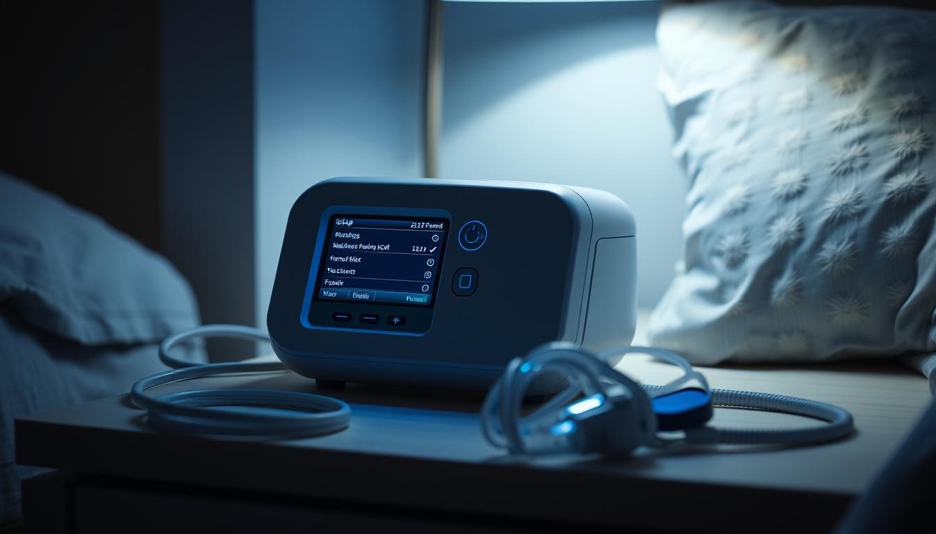 A sleek, minimalist iCPAP machine prominently displayed on a bedside table. The machine's display shows various parameter settings, with a soothing blue backlight illuminating the scene. The device is surrounded by a few essential accessories, such as a nasal mask and tubing, all neatly arranged. The lighting is soft and indirect, creating a calming, sleep-inducing atmosphere. The image conveys a sense of simplicity and ease of use, reflecting the "how to properly use a sleep apnea machine" section of the article.
