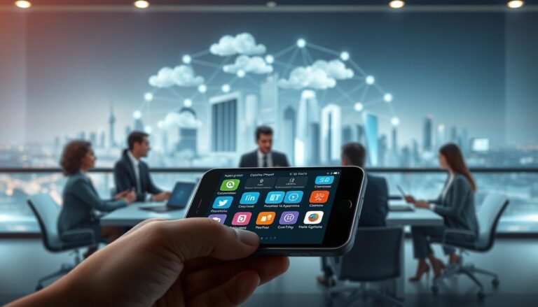 A conceptual illustration of "OceanEsim Enterprise Application Technology." In the foreground, display a sleek, modern business smartphone, showcasing the OceanEsim interface with vibrant, user-friendly icons. The middle ground features diverse professionals in business attire, engaged in discussion around a table filled with digital devices displaying OceanEsim features. In the background, a digital cityscape symbolizes connectivity and innovation, with tall buildings and clouds interconnected by glowing lines. The composition is illuminated by soft, ambient lighting, creating a clear and professional atmosphere, with a slight focus on the smartphone, captured at a dynamic angle. The scene reflects collaboration and advanced technology in enterprise mobile device management, emphasizing clarity and professionalism throughout.