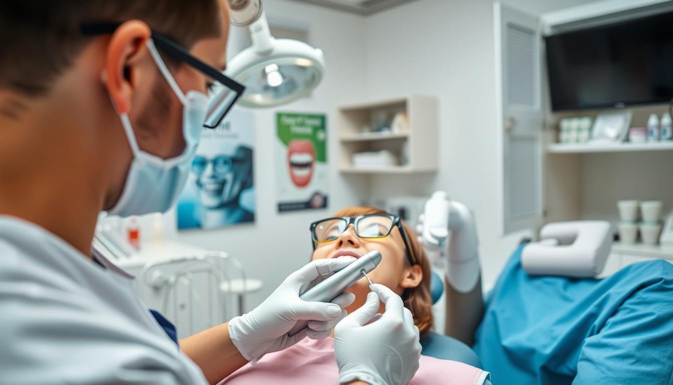 A dental professional in a modern clinic, focused on ultrasonic teeth cleaning technology. The foreground features a dentist, dressed in professional scrubs and a mask, using an ultrasonic scaler to clean a patient’s teeth. The patient, seated comfortably in a dental chair, appears relaxed, wearing safety glasses. In the middle ground, the dental equipment is clearly visible, including the scaler and various dental tools, reflecting a sterile environment. The background includes a bright, well-lit room with dental posters and shelves with dental hygiene products. The lighting is bright but soft, creating an inviting atmosphere. The composition emphasizes the precision and modernity of ultrasonic dental cleaning, illustrating its efficiency and technological advancement.