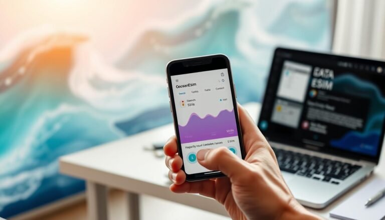 A sleek, modern interface for data monitoring, showcasing the "OceanEsim" app on a smartphone screen. In the foreground, a hand holds the phone, displaying a colorful graph of data usage with clear indicators for eSIM status. In the middle ground, a desk with a stylish laptop and notes indicating tips for using eSIM technology, surrounded by a softly blurred background with an abstract ocean theme, hinting at connectivity and technology. Natural warm lighting illuminates the scene, creating an inviting atmosphere. The overall mood is professional and tech-savvy, appealing to users interested in optimizing their eSIM usage.