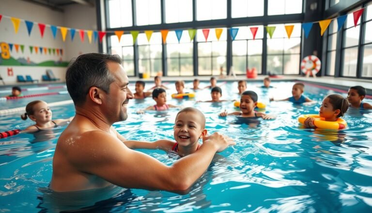 A dynamic swimming class scene in an indoor pool featuring diverse students, aged around 8-12 years, engaged in learning swimming techniques. The foreground shows a friendly instructor demonstrating a corrective swimming technique with emphasis on posture and arm movements. In the middle, students practice in the water, some using flotation devices, while others receive supportive feedback, creating a sense of teamwork. The background features large windows letting in bright natural light, reflecting on the water's surface, enhancing the vibrant atmosphere. The setting is a modern swimming facility, with colorful mats and aquatic-themed decorations. The mood is energetic and encouraging, emphasizing skill acquisition and confidence. The image should be clear and well-lit, taken from an eye-level angle to capture the interactions effectively.
