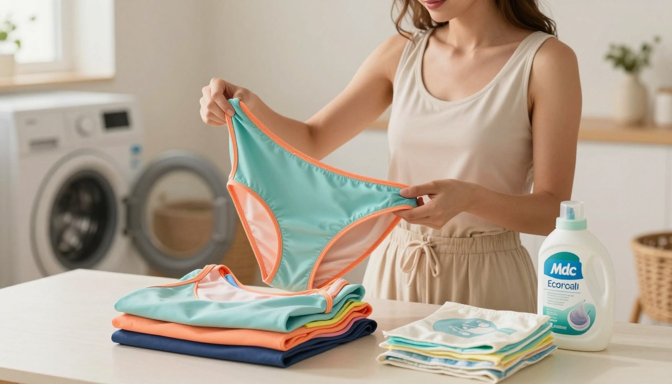 A serene and organized laundry scene focused on proper care for women's swimwear. In the foreground, a neatly folded bathing suit, colorful and vibrant, laid on a clean surface. Beside it, eco-friendly detergent and delicate wash bags, suggesting careful cleaning methods. In the middle ground, a stylish female figure, dressed in modest casual attire, gently checking the swimwear for any signs of wear, emphasizing the theme of maintenance. The background features a softly lit laundry room with a touch of nature visible through a window, creating a warm and inviting atmosphere. Use warm, natural lighting to enhance the cozy vibe, ensuring the composition is in a 4:3 aspect ratio to maintain focus on the subject and its context.