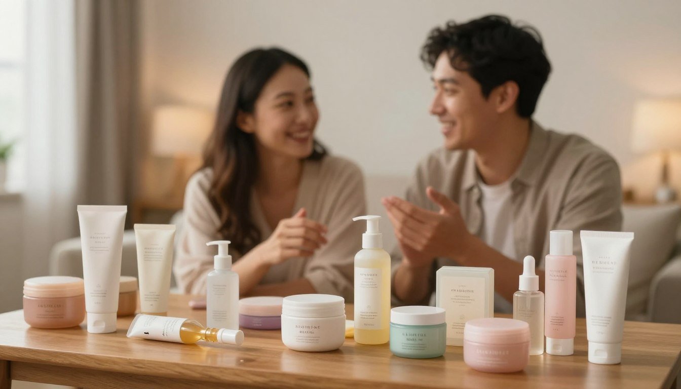 A warm and inviting scene depicting a guide for beginners choosing intimate wellness products. In the foreground, a neatly arranged selection of various items on a wooden table, showcasing different types of beginner-friendly products, elegantly presented in soft-focus. The middle layer features a well-dressed couple, smiling as they engage in a light-hearted discussion about the items, both wearing cozy, casual clothing. In the background, a softly lit room with gentle, romantic lighting that creates a cozy atmosphere, enhancing the feeling of intimacy and comfort. The lens captures a shallow depth of field to accentuate the couple and the products, while the overall mood conveys warmth, trust, and exploration in personal choices. The image is framed in a 4:3 aspect ratio.