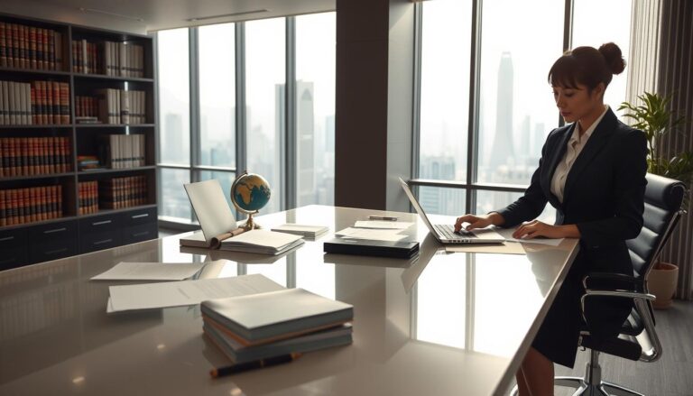 A professional office scene capturing the essence of Hong Kong's business registration and compliance requirements. In the foreground, a businesswoman in formal attire, engrossed in reviewing documentation on a sleek modern desk with a laptop and company registration papers scattered around. The middle ground features a well-organized office space with a bookshelf filled with corporate law books and a globe, symbolizing global business insights. The background shows a large window revealing the iconic Hong Kong skyline bathed in soft, natural light, creating a sense of professionalism and ambition. The atmosphere feels meticulous and focused, embodying the ongoing responsibilities of company secretarial services in a bustling corporate environment.