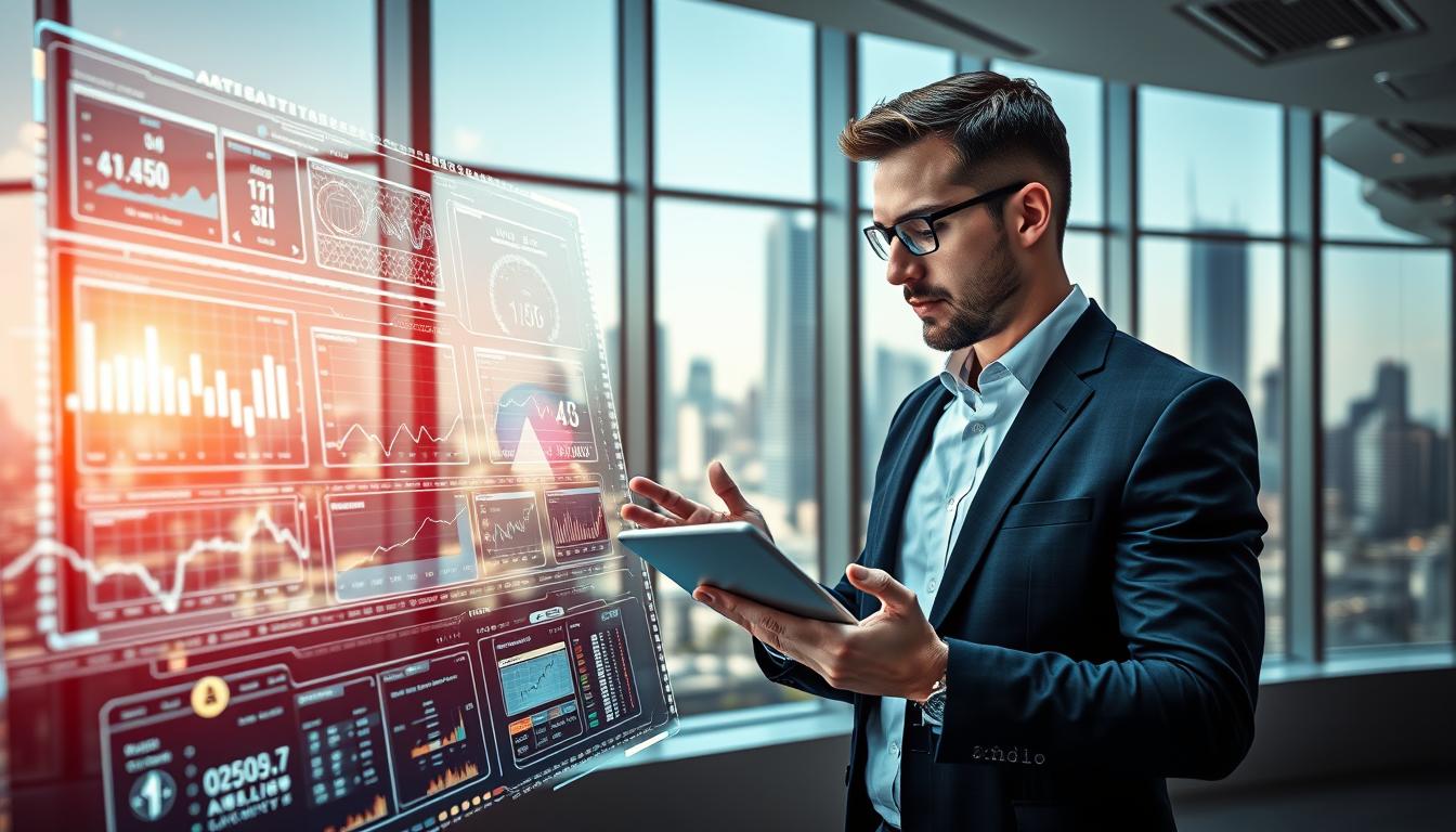 A futuristic, high-tech visualization of the "3A Sports Betting Odds Calculation Model". In the foreground, an intricate digital interface displays real-time data analytics, graphs, and betting odds, surrounded by holographic elements that illuminate the scene. The middle ground features a professional analyst in business attire, intently studying the data on a sleek tablet, gesturing towards the digital display with a look of concentration. In the background, a modern office space with large, panoramic windows overlooking a bustling city skyline under bright daylight contributes to the atmosphere of innovation and efficiency. The lighting is bright and focused, highlighting the clarity of the data visuals while maintaining a clean, professional aesthetic. The overall mood conveys precision, technology, and a dynamic approach to data management in the sports betting industry.
