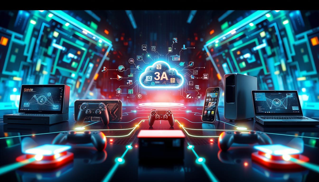 A highly detailed concept illustration representing "3A" online entertainment data synchronization technology. In the foreground, show interconnected gaming devices such as consoles, PCs, and mobile devices with glowing data streams linking them together, symbolizing seamless data transfer. In the middle ground, include a visually engaging representation of a cloud storage system with synchronized game data flowing into it, depicted with digital symbols and graphics. The background should feature an abstract, tech-inspired environment with vibrant blues and greens to evoke a futuristic mood. Use dynamic lighting to emphasize the energy of data flow, and create a sense of movement and connectivity with a slight tilt angle, enhancing the visual interest and conveying the efficiency of data synchronization solutions.