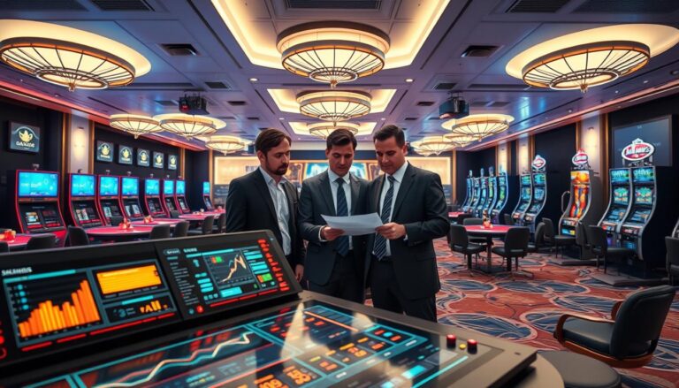 A sophisticated and secure gaming environment depicting "3A" entertainment's anti-cheating system and game fairness protection mechanism. In the foreground, a modern digital control panel with glowing screens displays graphs and statistics related to game integrity. In the middle, professional individuals in business attire collaborate over strategic plans, analyzing data and discussing compliance measures. The background features a sleek gaming hall with card tables, slot machines, and high-tech surveillance systems that monitor gameplay. The lighting is bright and focused, with a high-tech ambiance, evoking a sense of trust and security. Use a wide-angle perspective to capture the dynamic interaction among the team and the advanced monitoring equipment. Ideal for illustrating a serious and professional atmosphere in gaming fairness.