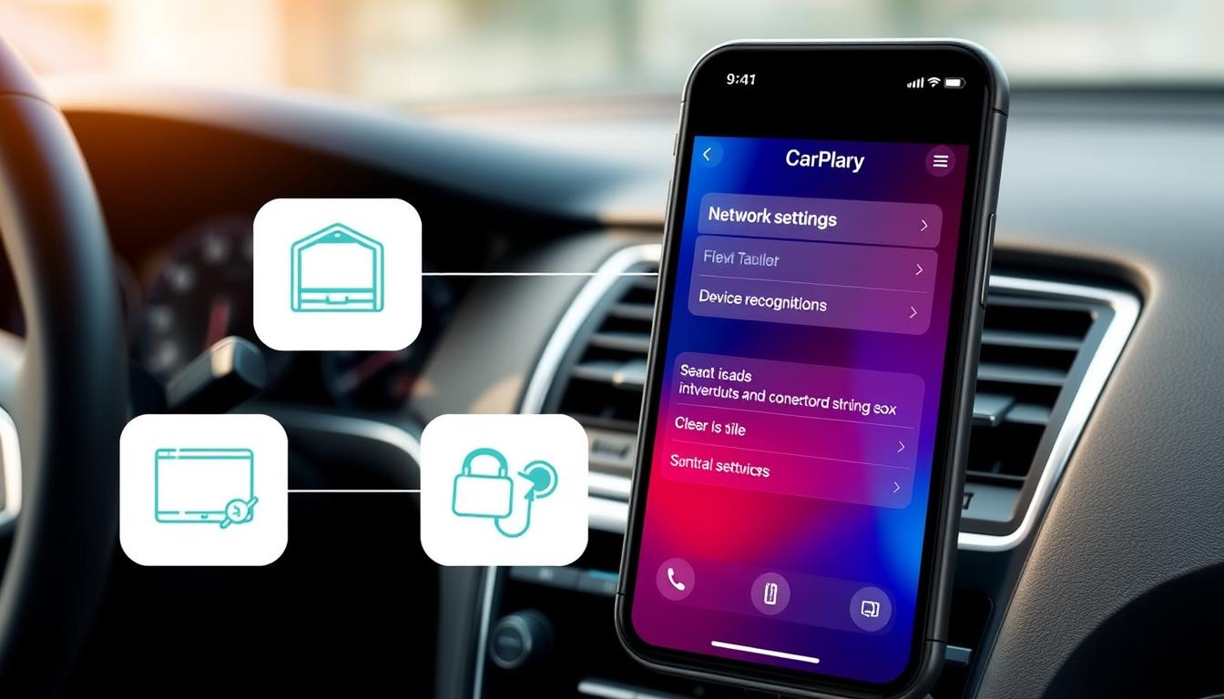A detailed illustration of a CarPlay troubleshooting flowchart, set against a sleek, modern car interior. In the foreground, show clear, colorful icons representing common CarPlay issues, such as connection problems and device recognition errors. The middle section features a network settings menu on an iPhone screen, prominently displayed with vibrant colors to draw attention. In the background, subtly blur the interior of the car to keep the focus on the troubleshooting elements. The lighting is bright and inviting, simulating a professional automotive setting, with soft reflections on the iPhone screen. The overall mood should convey a sense of clarity and problem-solving, showcasing effective solutions for CarPlay issues.