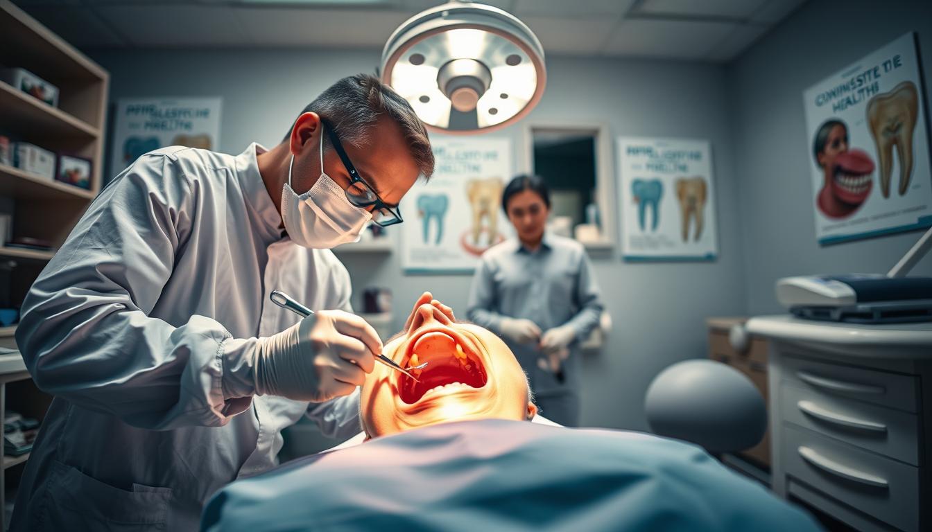 A detailed, vertical view of a dental surgery room focused on the process of wisdom tooth extraction. In the foreground, a dentist in professional attire is skillfully extracting a wisdom tooth from a patient lying down in a dental chair, emphasizing precision and care. Bright, clinical lighting illuminates the scene, highlighting dental instruments and the patient's open mouth, showcasing the surgical procedure. In the middle ground, a dental assistant monitors the process, ready to assist with tools and provide support. The background features shelves with dental supplies and posters about oral health, creating an informative atmosphere. The overall mood is focused and clinical, emphasizing the importance of professional dental care while maintaining a safe and sterile environment.