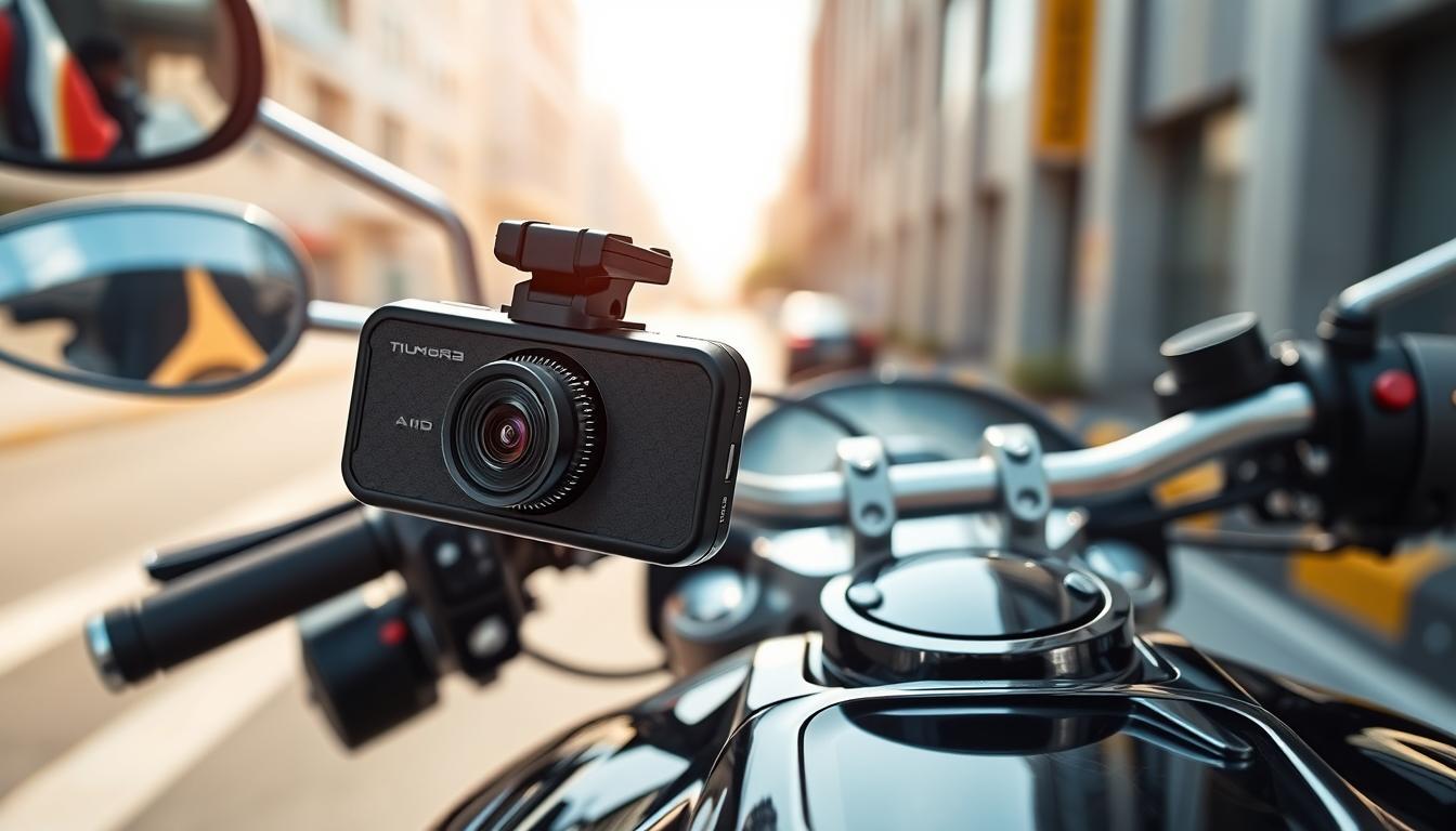A high-quality image of a motorcycle dashcam produced by Tien Yu Electronics Co., Ltd, prominently displayed in the foreground. The dashcam features a sleek, modern design with a high-resolution lens and various sensors visible. In the middle ground, a motorcycle's handlebars are partially visible, highlighting the installation of the dashcam just below the handlebar, demonstrating a practical setup. The background shows a blurred urban street scene in soft focus, hinting at motion to suggest an active driving environment. The lighting is bright and clear, suggesting daytime operation, with reflections and highlights on the camera’s surface enhancing its technological aspect. The overall atmosphere is innovative and professional, showcasing the product's utility and features for motorcycle safety.