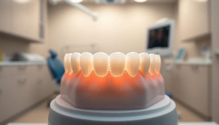 A highly detailed illustration of a dental model showcasing a permanent all-ceramic crown, designed to resist staining and mimic the visual appeal of natural teeth. In the foreground, focus on the brilliant luster and translucency of the crown, displaying its fine craftsmanship and realistic texture. In the middle, feature a comparison with natural teeth to highlight the crown's anti-staining properties and durability, with subtle reflections of soft, ambient light enhancing its appearance. In the background, a bright dental clinic environment suggests professionalism, with neutral tones that emphasize cleanliness. The scene captures a sense of trust and innovation in dental technology, portrayed through smooth, soft lighting and a shallow depth of field, focusing the viewer's attention on the crown itself.